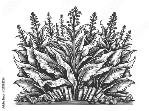 tobacco plants with rolled cigars arranged at the base, showcasing intricate engraving lines sketch engraving generative ai vector illustration. Scratch board imitation. Black and white image.