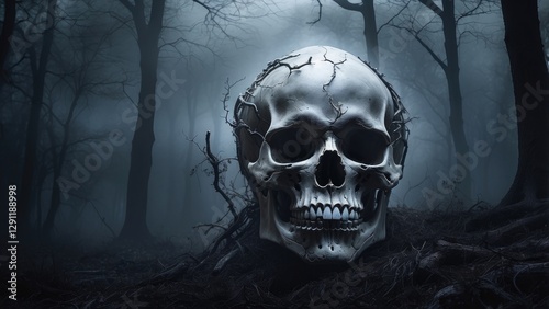 A ghostly, skeletal face with hollow eyes and an open mouth emits a haunting aura,
