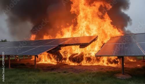 large fire engulfs area near solar panels, with thick smoke rising into sky, creating dramatic and intense scene
