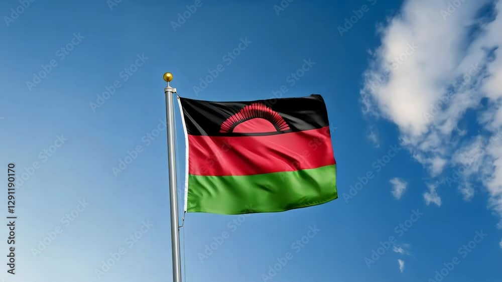national flag of Malawi waving on blue sky, banner on the wind
