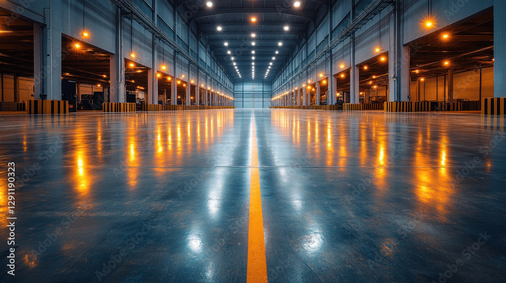 A newly constructed empty warehouse factory with smooth concrete floors and large open spaces A newly constructed empty warehouse factory with smooth concrete floors and large open spaces
