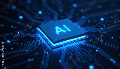 glowing AI chip is centered on circuit board, symbolizing advanced technology and innovation. blue lighting highlights intricate connections, representing future of artificial intelligence