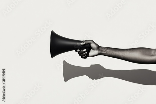 Hand holding black megaphone casts striking shadow on neutral ba