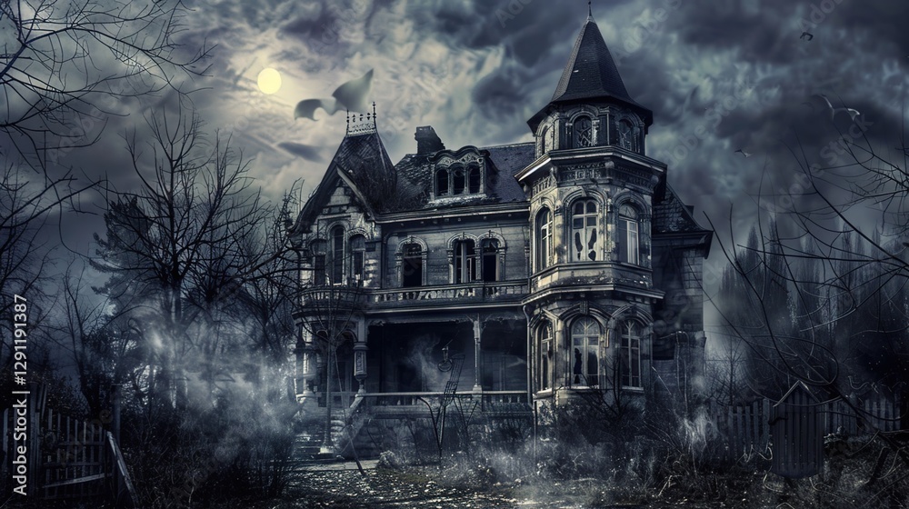 Obraz premium Eerie Haunted House Horror Scene Background with Spooky Atmosphere, Creepy Victorian Mansion, Ghostly Shadows, and Halloween Decoration for Dark Fantasy Design