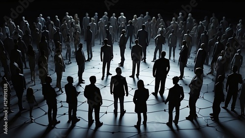 A blurred, abstract scene featuring silhouettes of individuals standing on a network-like surface.