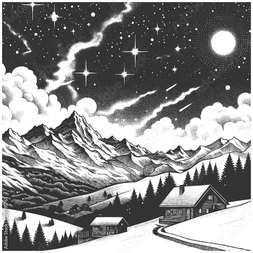 mountain range beneath a starry night sky with a crescent moon and shooting stars. Dreamlike and serene scene sketch engraving generative ai vector illustration. Scratch board. Black and white image.