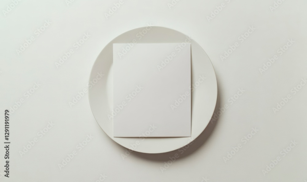 a blank menu on an elegant plate mockup, top view on a white background with copy space for text or design. Web banner showing the layout and shape of a restaurant table setting card. a blank menu on an elegant plate mockup, top view on a white background with copy space for text or design. Web banner showing the layout and shape of a restaurant table setting card.