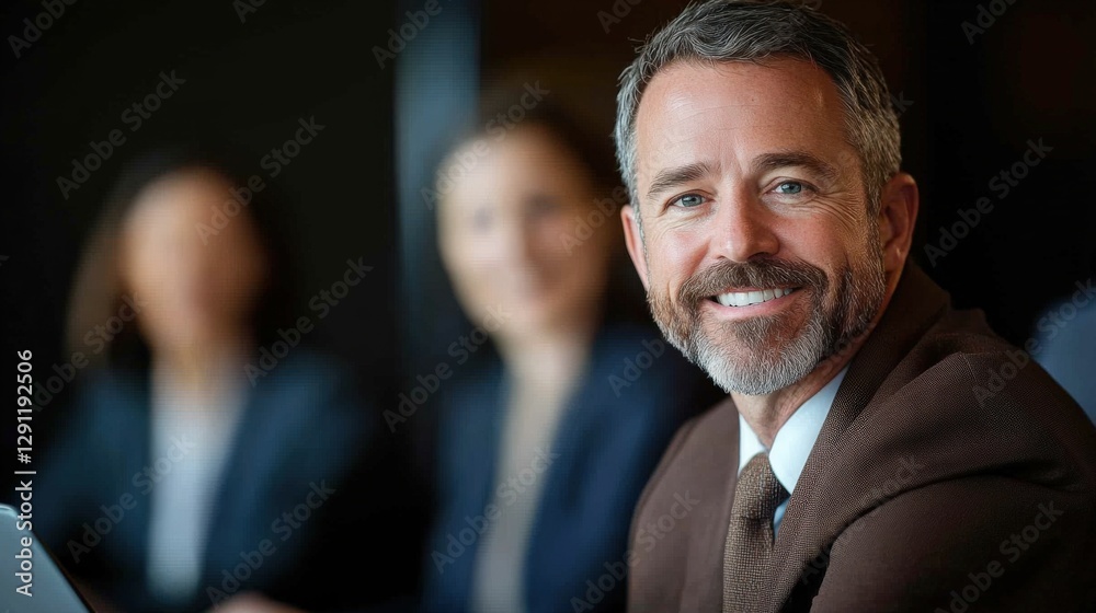 businessman smiling in meeting with team. businessman smiling in meeting with team.