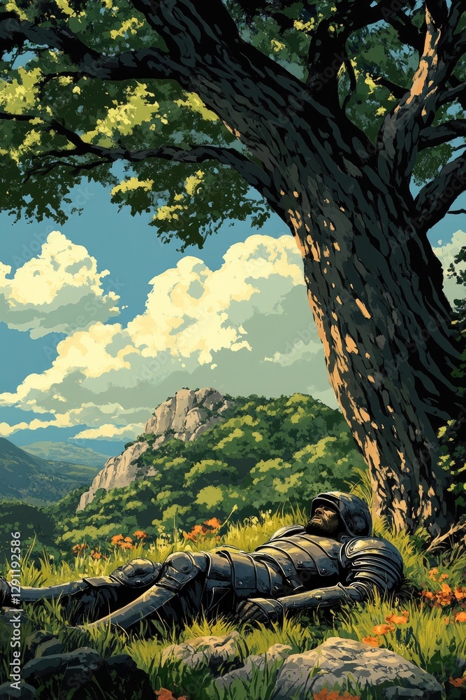 Fototapeta premium A sleeping knight rests beneath a large tree near mountains