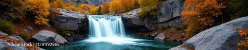 Waterfall flowing over a rocky slope in a serene mountain environment, fall season, Utah, autumn colors