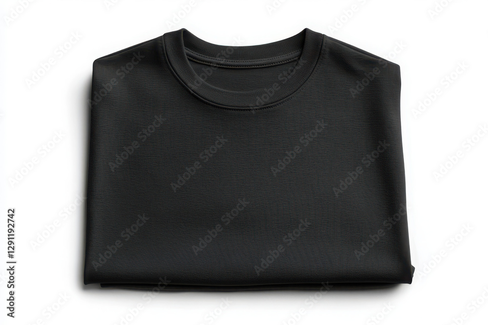 Folded plain black t-shirt with round neck for casual wear on white background
