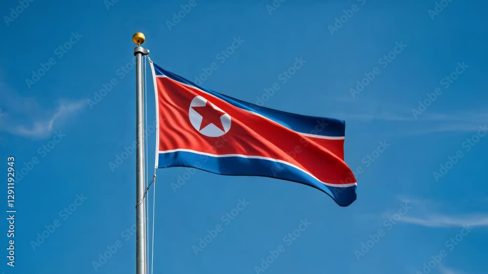 national flag of north korea waving on blue sky, banner on the wind
