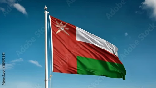 national flag of oman waving on blue sky, banner on the wind