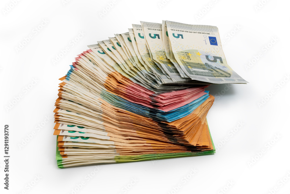 Pile of euro banknotes - official currency of a large number of European countries. The euro is the second most widely used currency in international transactions and an important reserve currency.