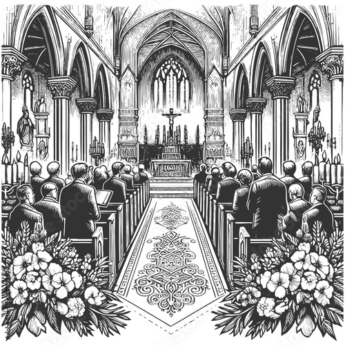 church interior with a congregation attending a religious ceremony at the altar sketch engraving generative ai vector illustration. Scratch board imitation. Black and white image.