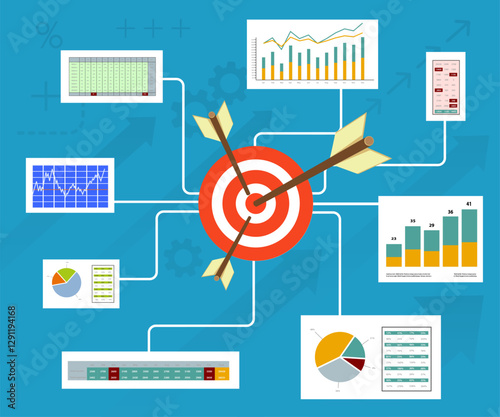Arrows in targets on the background of financial business charts and graphs. Vector illustration