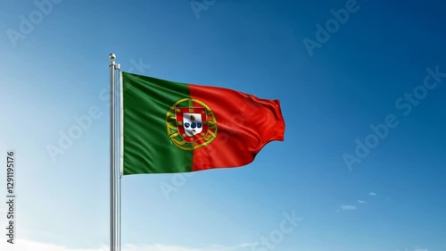 portuguese national flag of portugal waving on blue sky, banner on the wind