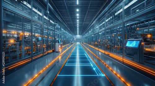 Cutting-edge high-tech industrial building, featuring holographic interfaces, self-cleaning materials, and autonomous robots at work