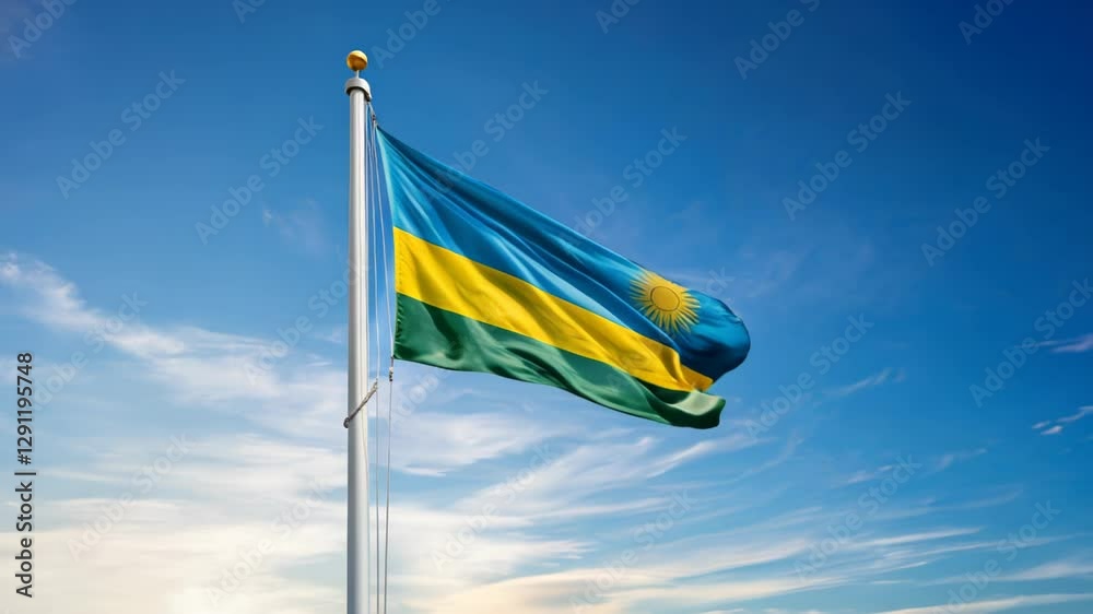 rwanda national flag of waving on blue sky, banner on the wind