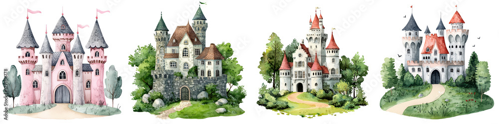 Naklejka premium A collection of beautifully illustrated whimsical medieval castles palaces and manor houses set in lush verdant gardens and landscapes with flowering plants trees and winding paths