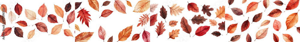 Fototapeta premium Vibrant assortment of fallen autumn leaves in warm hues of red orange yellow and brown scattered on the ground in a natural forest or park setting Seasonal fall foliage and changing leaf colors
