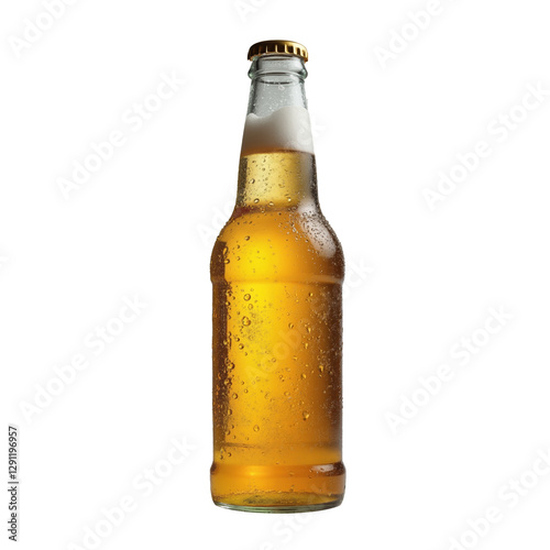 Refreshing clear glass bottle light beer with golden hue condensation and frothy head highlighting enjoyment