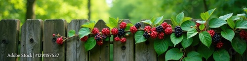 Blackberry branches on a wooden fence in the spring, wood, green