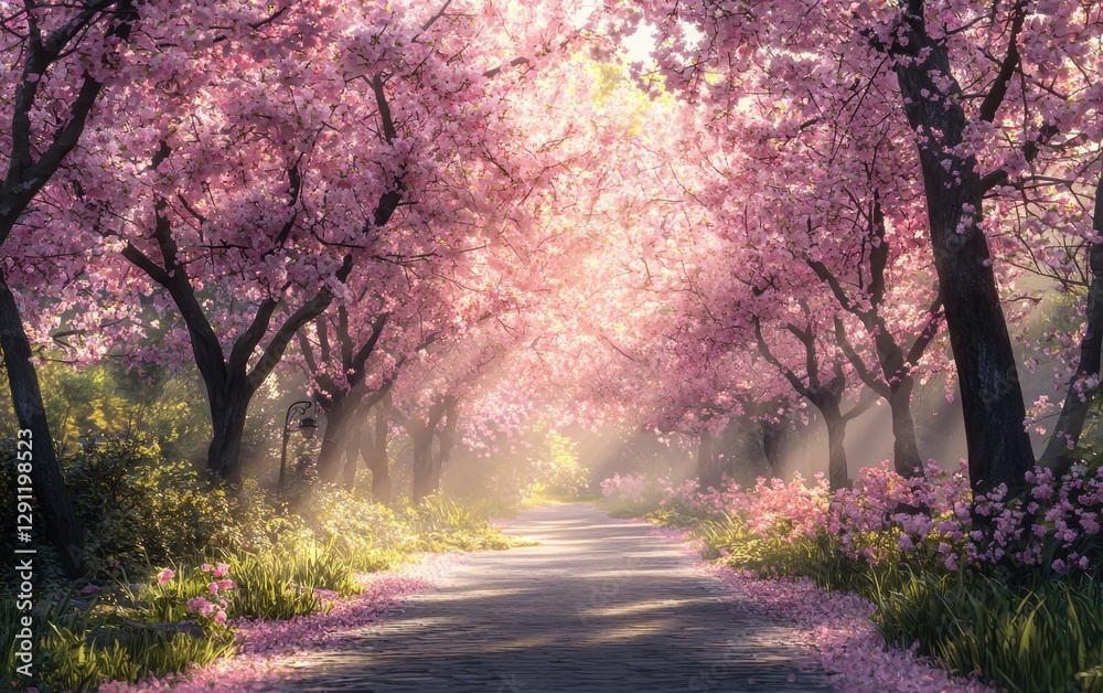 Naklejka premium Breathtaking cherry blossom alley with soft sun rays