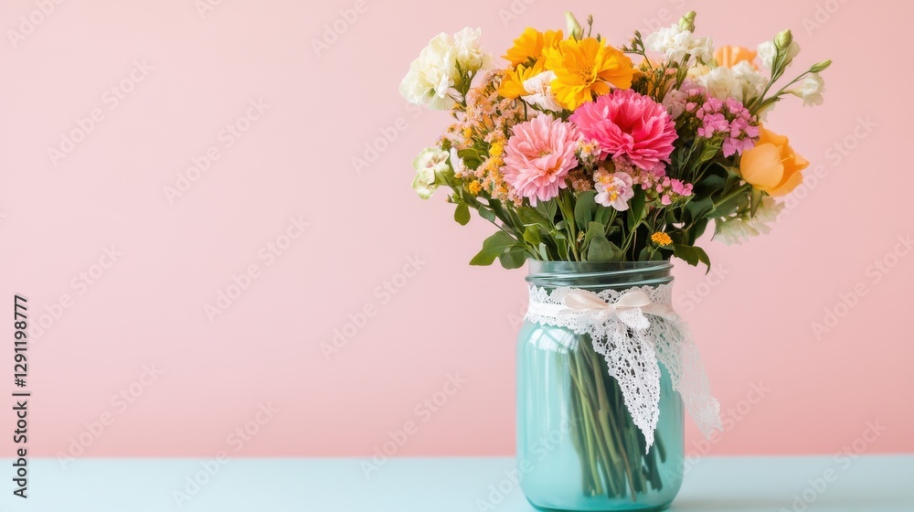 Fototapeta premium Colorful bouquet in a mason jar against a pink background on a sunny day