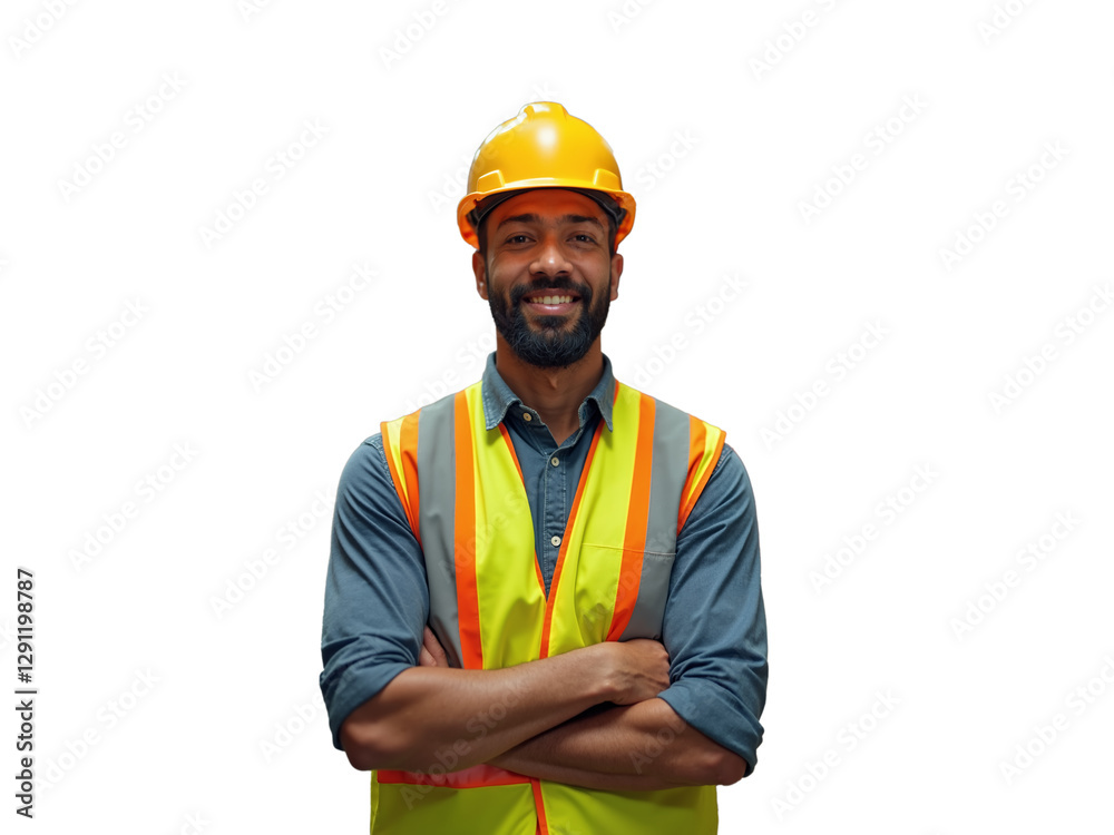 Black man, construction worker smiling in bright safety gear with yellow hard hat on job site Black man, construction worker smiling in bright safety gear with yellow hard hat on job site