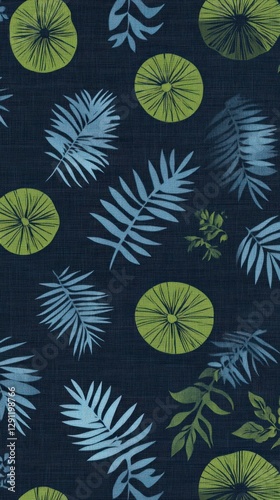 Dark Blue Tropical Leaf Fabric Print with Elegant Design