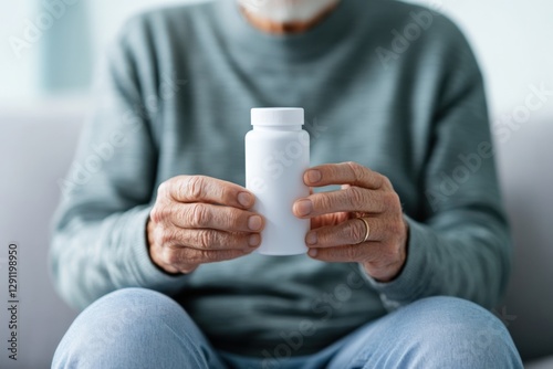 senior man holding pill bottle in hands