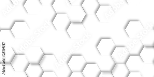 Abstract hexagon background. Futuristic abstract honeycomb mosaic white technology background. Surface polygon pattern with glowing hexagon paper texture and futuristic business. graphic concept.	