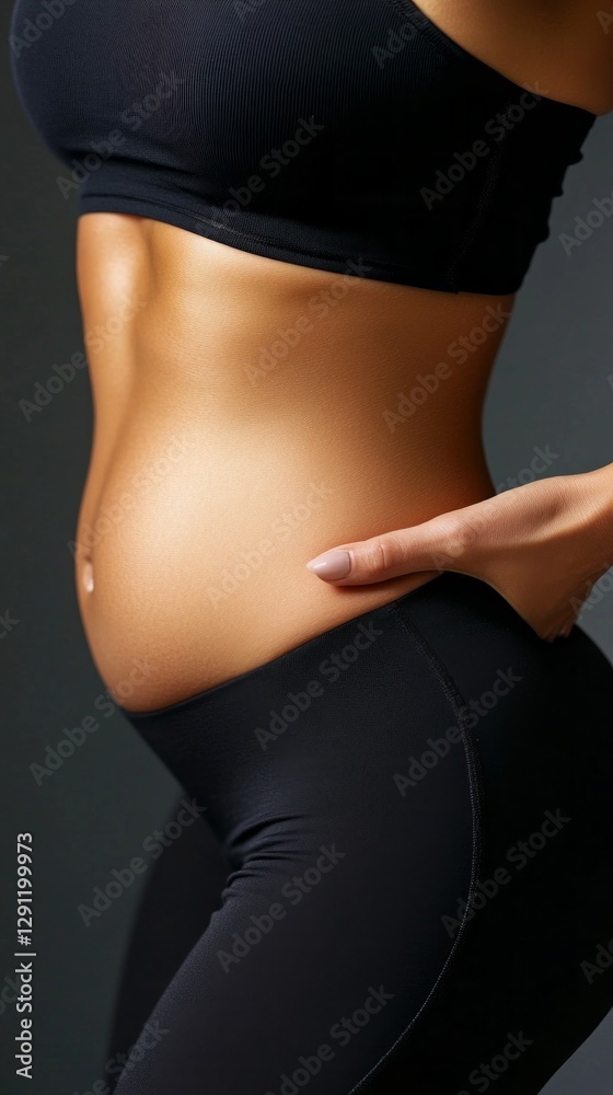 Fototapeta premium A strong female figure highlights the beauty of a fit belly, accentuated by her athletic wear. The subtle lighting enhances the curves, presenting a blend of strength and femininity
