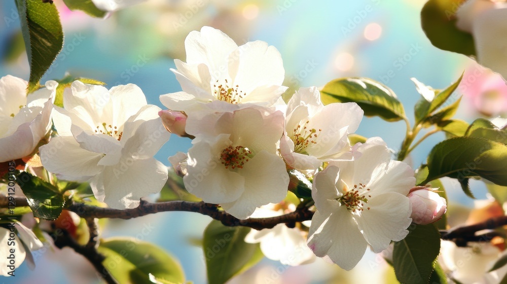 Obraz premium Soft pink and white cherry blossoms bloom beautifully under gentle sunlight in a serene garden setting during springtime