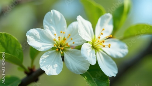 Detail of white corolla with yellow stamens on a tree branch, leaves, white, detail