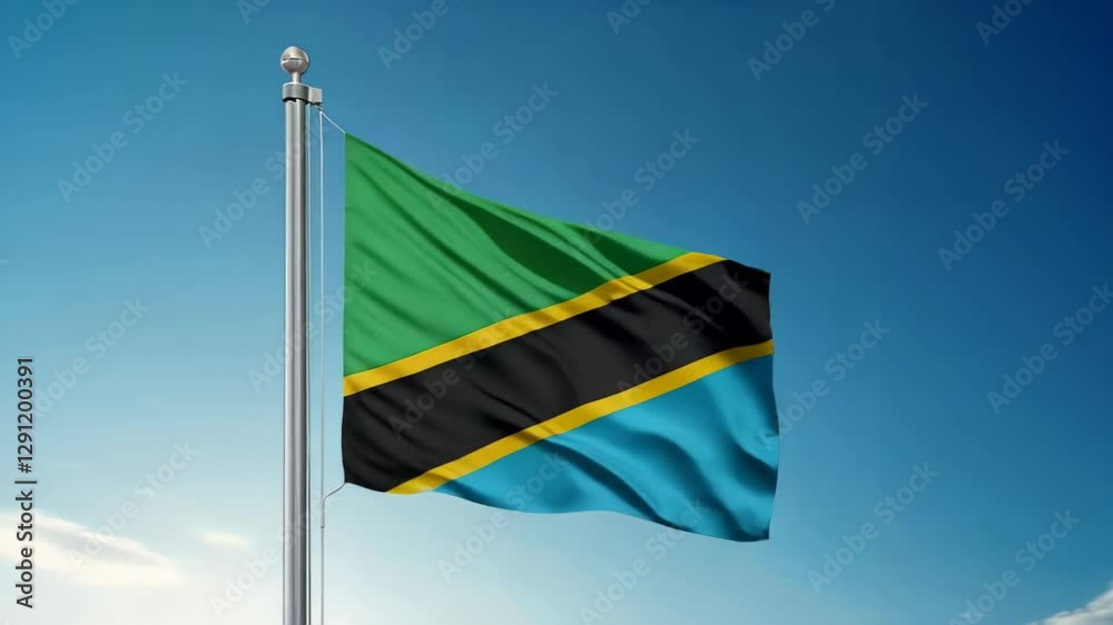 national flag of Tanzania waving on blue sky, banner on the wind
