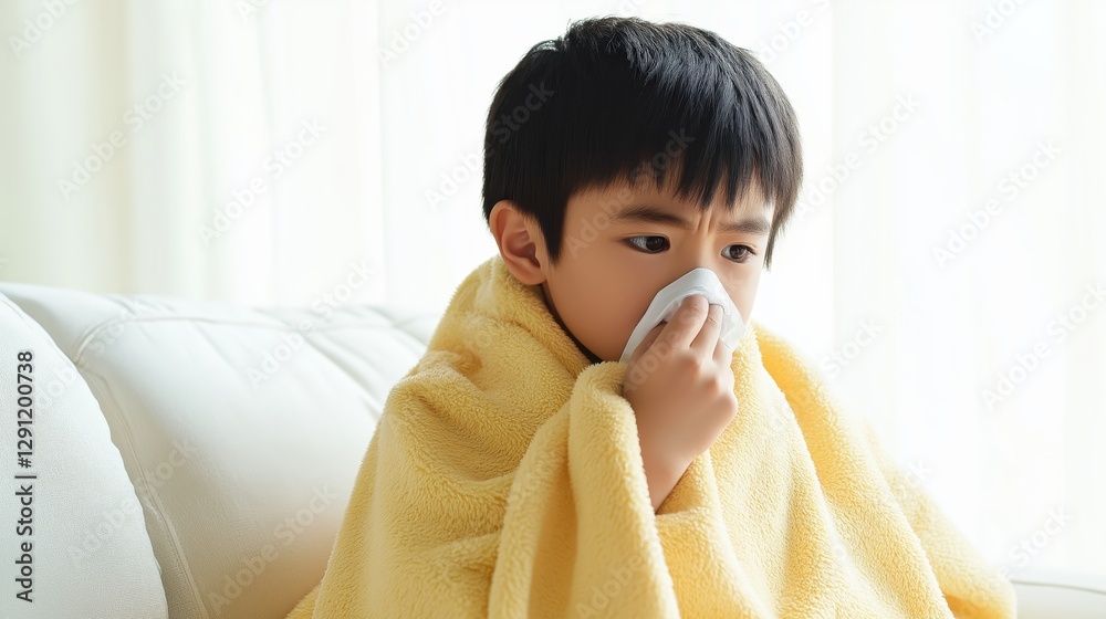 Sick Asian boy sneezing into tissue with blanket Sick Asian boy sneezing into tissue with blanket