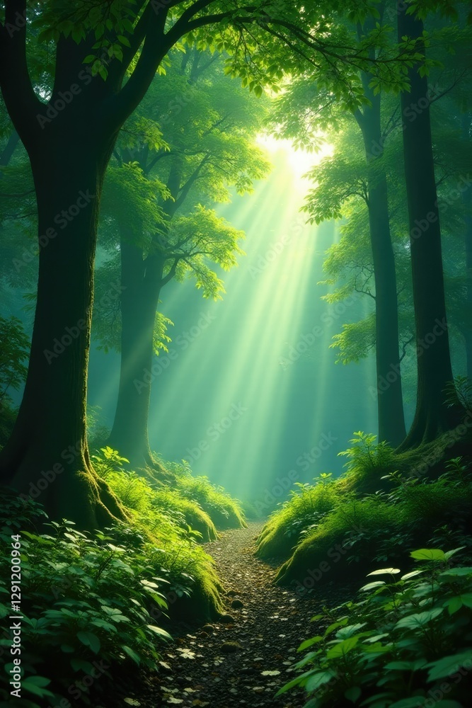 Fototapeta premium Emerald forest bathed in sunlight filtering through trees, shade, filter