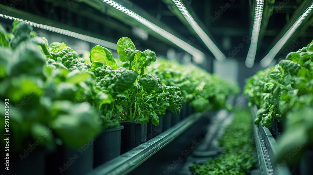 Vertical factory farm, growing fresh vegetables using hydroponic systems inside a futuristic industrial structure Vertical factory farm, growing fresh vegetables using hydroponic systems inside a futuristic industrial structure