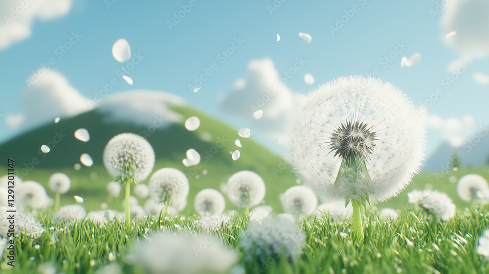 Obraz premium A vibrant field of yellow dandelions stretches toward a gentle hill in the background, capturing the beauty of nature. Perfect for outdoor, spring, and botanical-themed projects.