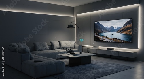 Modern living room illuminated with led lighting and large tv