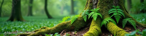 Ferns entwined moss covered tree trunk and roots, trees, foliage