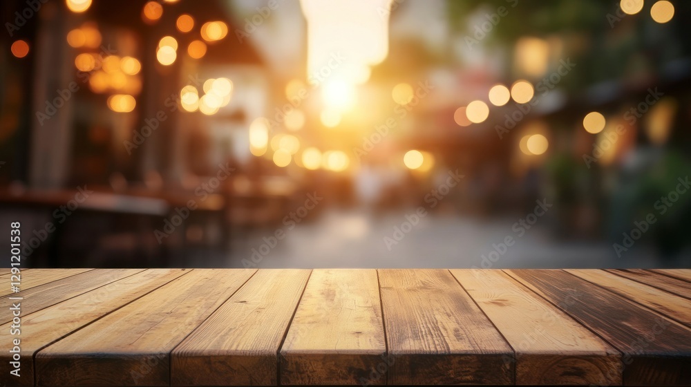 Wooden table top with a blurred background of an outdoor cafe in the city at sunset, with a bokeh effect and copy space for product display presentation. Wooden table top with a blurred background of an outdoor cafe in the city at sunset, with a bokeh effect and copy space for product display presentation.
