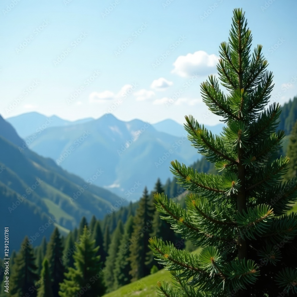 Fototapeta premium Foliage of long-leaved spruce sways gently in wind, mountain, pine, green