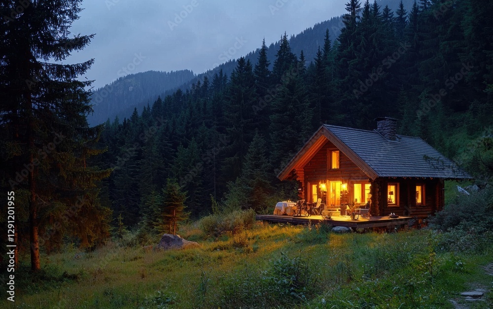 Cozy wooden cabin in the mountains surrounded by pine trees Cozy wooden cabin in the mountains surrounded by pine trees