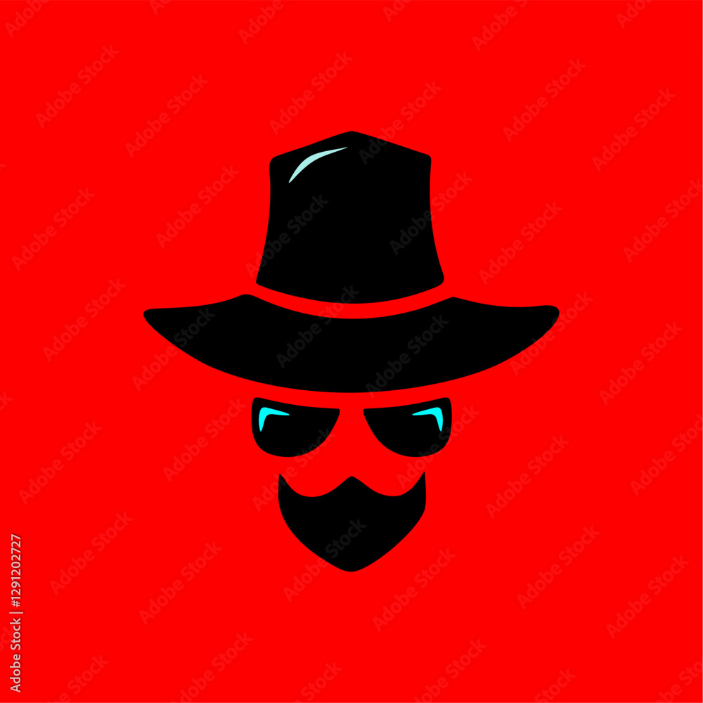Mysterious Man in Hat and Sunglasses Vector Logo. A sleek vector illustration of a mysterious figure wearing a wide-brim hat, sunglasses, and a beard on a bold red background. 