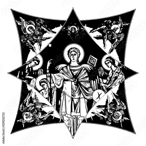 Michael Archangel on cross dome with 4 apostles, angels and seraphim. Ink illustration black and white in Byzantine style isolated