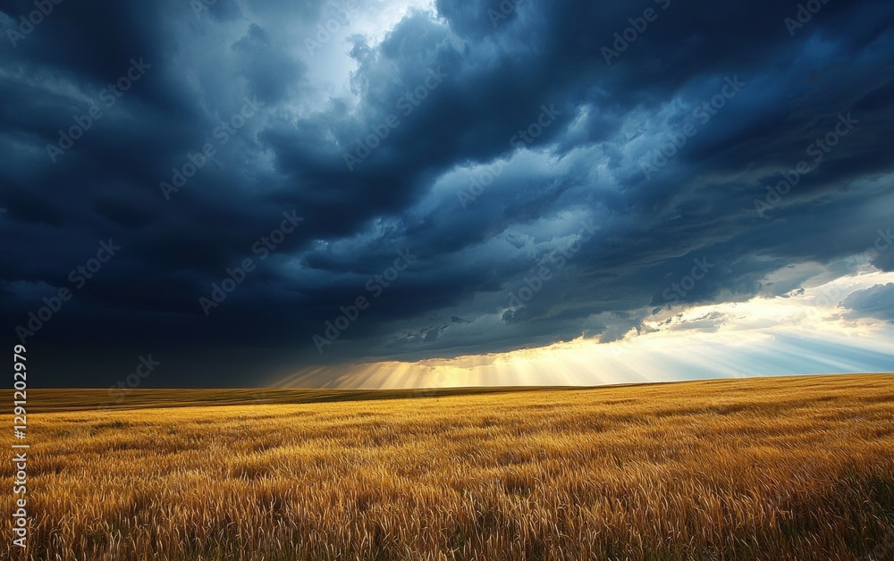 Dramatic stormy sky over an open prairie with golden wheat fields Dramatic stormy sky over an open prairie with golden wheat fields