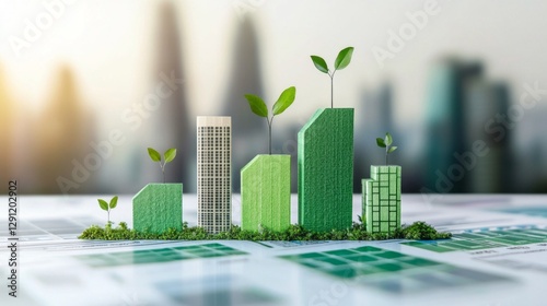 Miniature green buildings rise from a blueprint, representing corporate commitment to environmental sustainability. This creative display emphasizes the importance of ESG reporting
